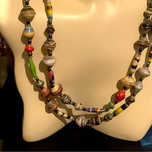 GLASS & SHELL BEADED NECKLACE. COLORFUL & STYLISH. NEW CONDITION.46” L